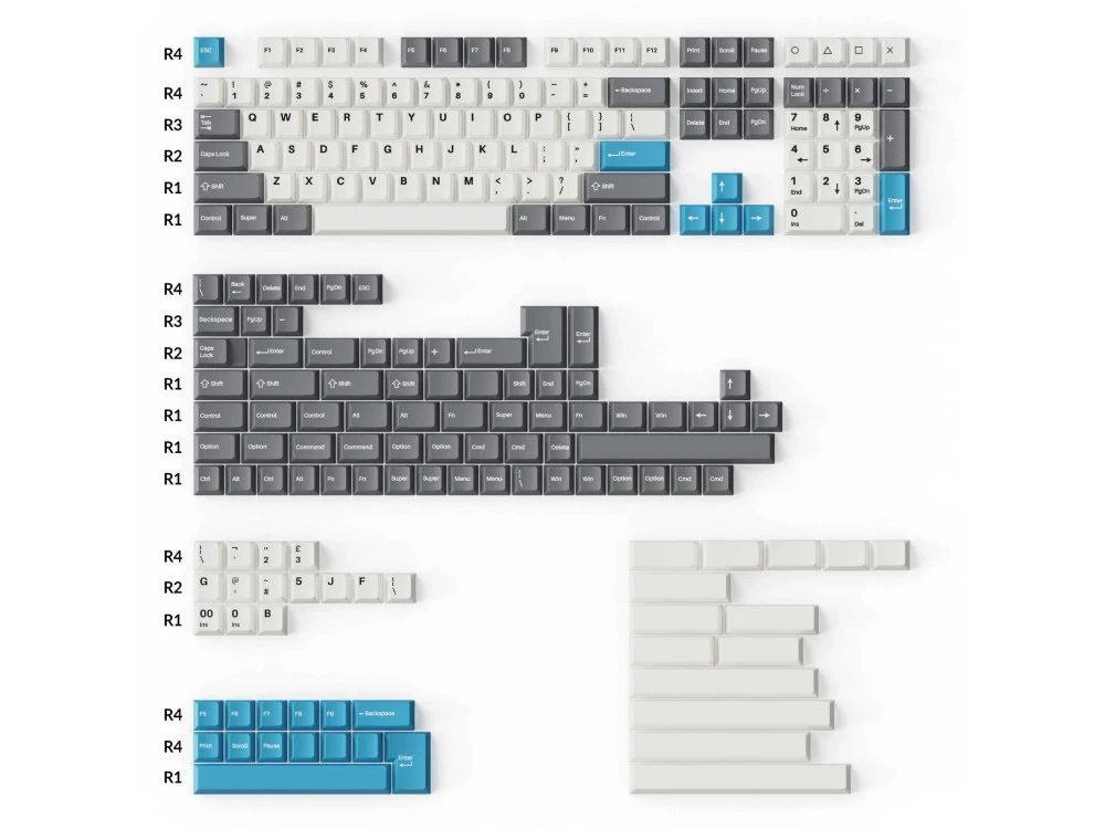 UK US Double Shot PBT Full Keycap Set Grey White And Blue 219 Keycaps