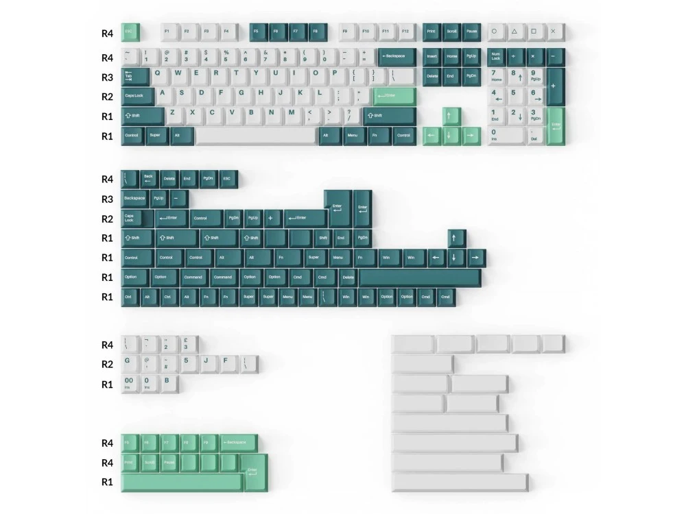 UK US Double Shot PBT Full Keycap Set White Mint 219 Keycaps